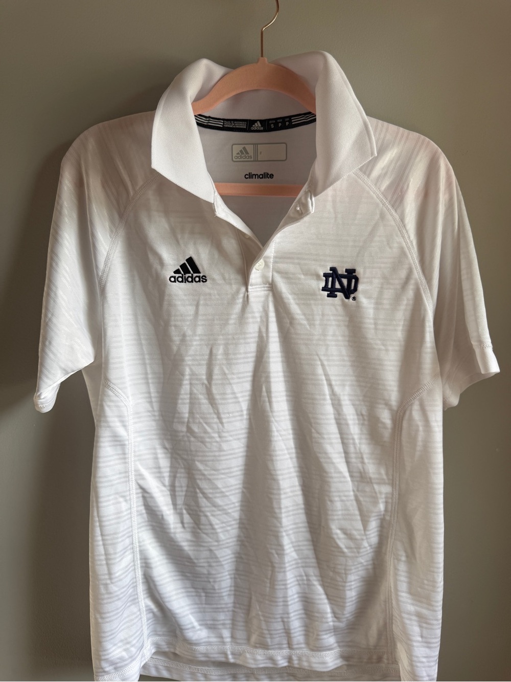 Adidas Climalite White Notre Dame Polo with Navy Logo -Men’s Small or Women’s M